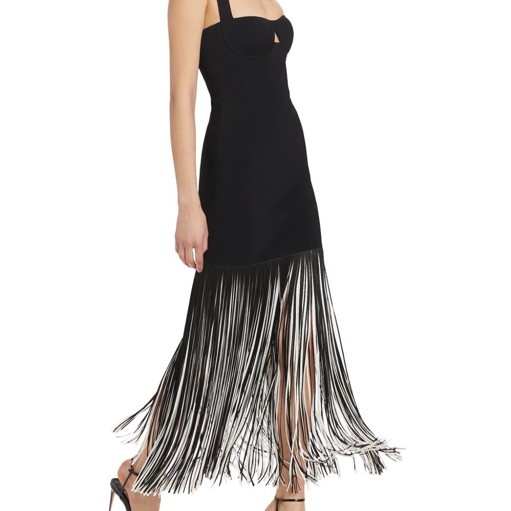 NEW! Galvan London Mia Fringe Maxi Dress Black Size Large Keyhole Cutout Gown
